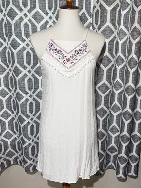 Three Pink Hearts boho White Embroidered Pom-Pom Halter Dress